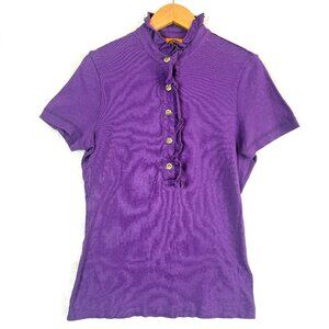 Tory Burch Lidia Ruffle Trim Preppy Designer Pima Cotton Polo Shirt Womens S